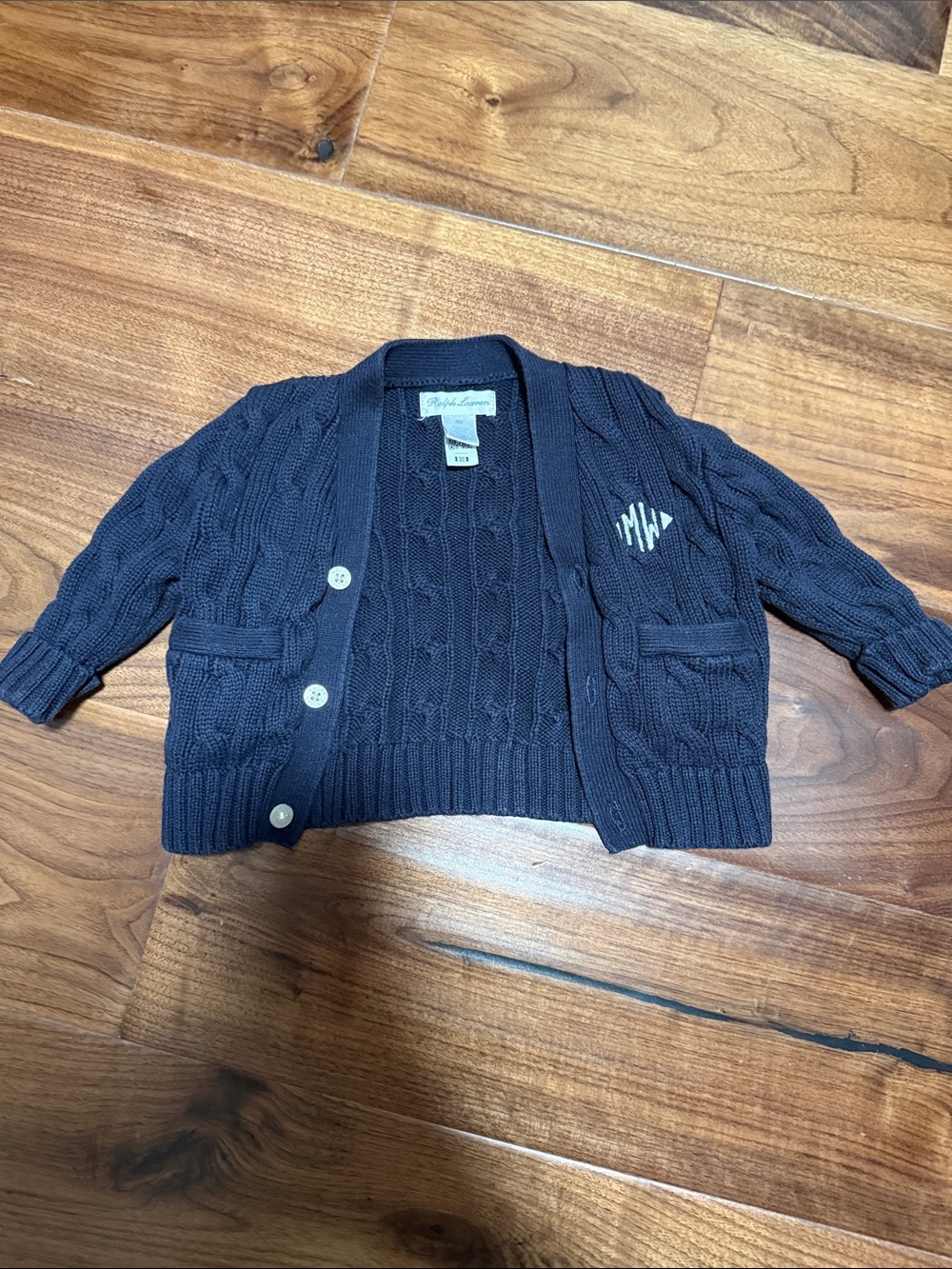 Ralph Lauren Dark Navy Cable Knit Cardigan with Monogram